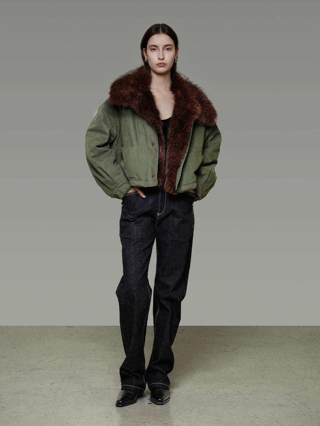 unspoken Fur Collar Short Single Breasted Office Olive Green Long Sleeve Cropped Jackets