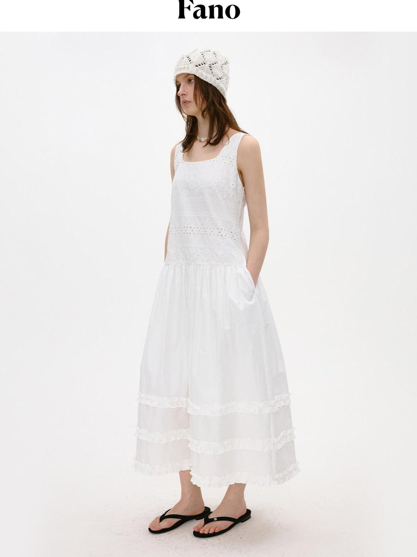 fano Cotton Korean Work Aline Sleeveless Round Neck Natural Waist White Maxi Dresses