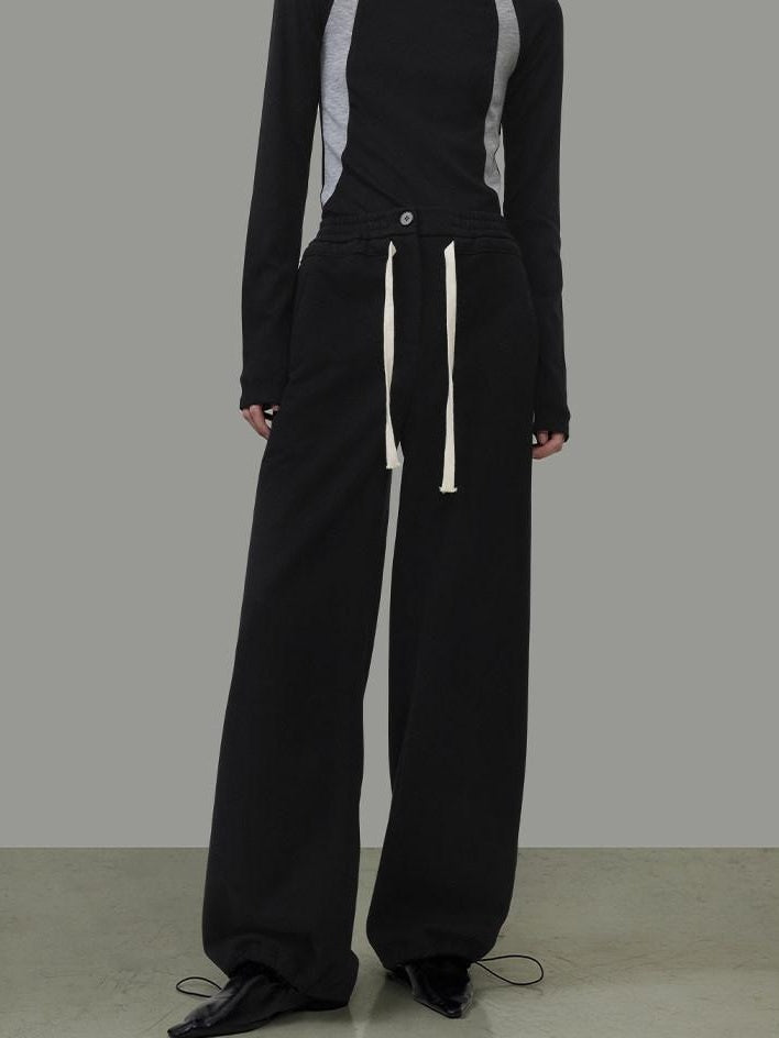unspoken High Waist Drawstring Pockets Minimalist Workwear For Women Black Wide Leg Pants