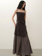 someonesometimes Original Coffee Viscose Blend Loose Camisole Midi Skirt Women Top & Skirt Sets