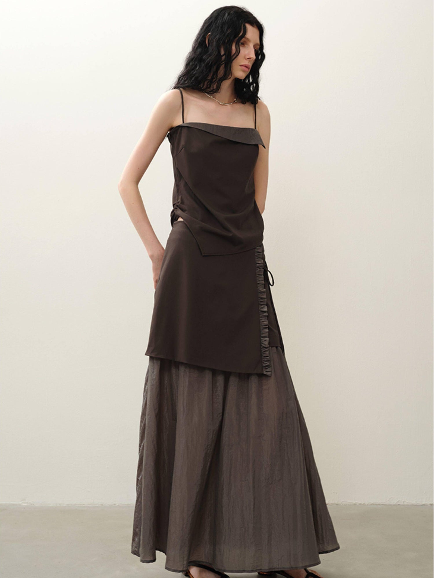 someonesometimes Original Coffee Viscose Blend Loose Camisole Midi Skirt Women Top & Skirt Sets