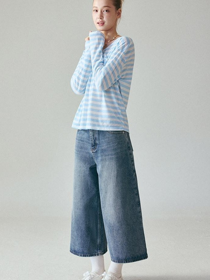 fano Natural Waist Loose Fit Ankle Crop Denim Casual Blue Youth Straight Leg Jeans