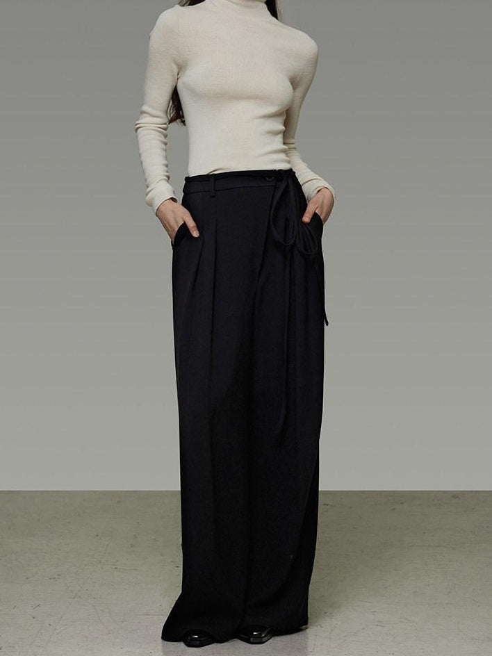 unspoken High Waist Tie Detail Minimalist Breathable Office Black Polyester Wide Leg Pants