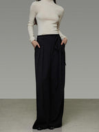 unspoken High Waist Tie Detail Minimalist Breathable Office Black Polyester Wide Leg Pants