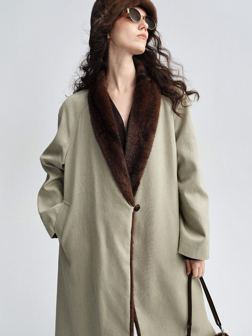 audreyyang Warm Thick Lapel Patchwork Slavic Loose Fit For Women Faux Fur Almond Long Coats