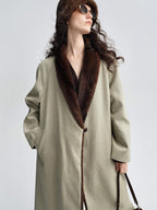 audreyyang Warm Thick Lapel Patchwork Slavic Loose Fit For Women Faux Fur Almond Long Coats