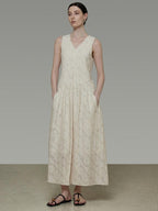 unspoken Elegant Jacquard V-neck High Waist A Line Sleeveless Work Off White Maxi Dresses