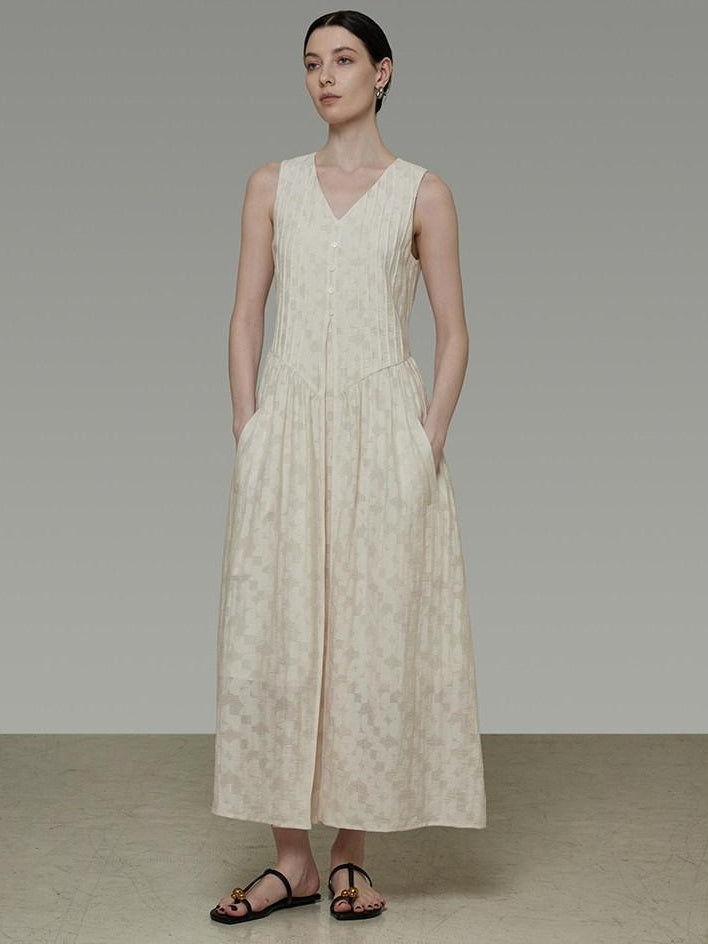 unspoken Elegant Jacquard V-neck High Waist A Line Sleeveless Work Off White Maxi Dresses