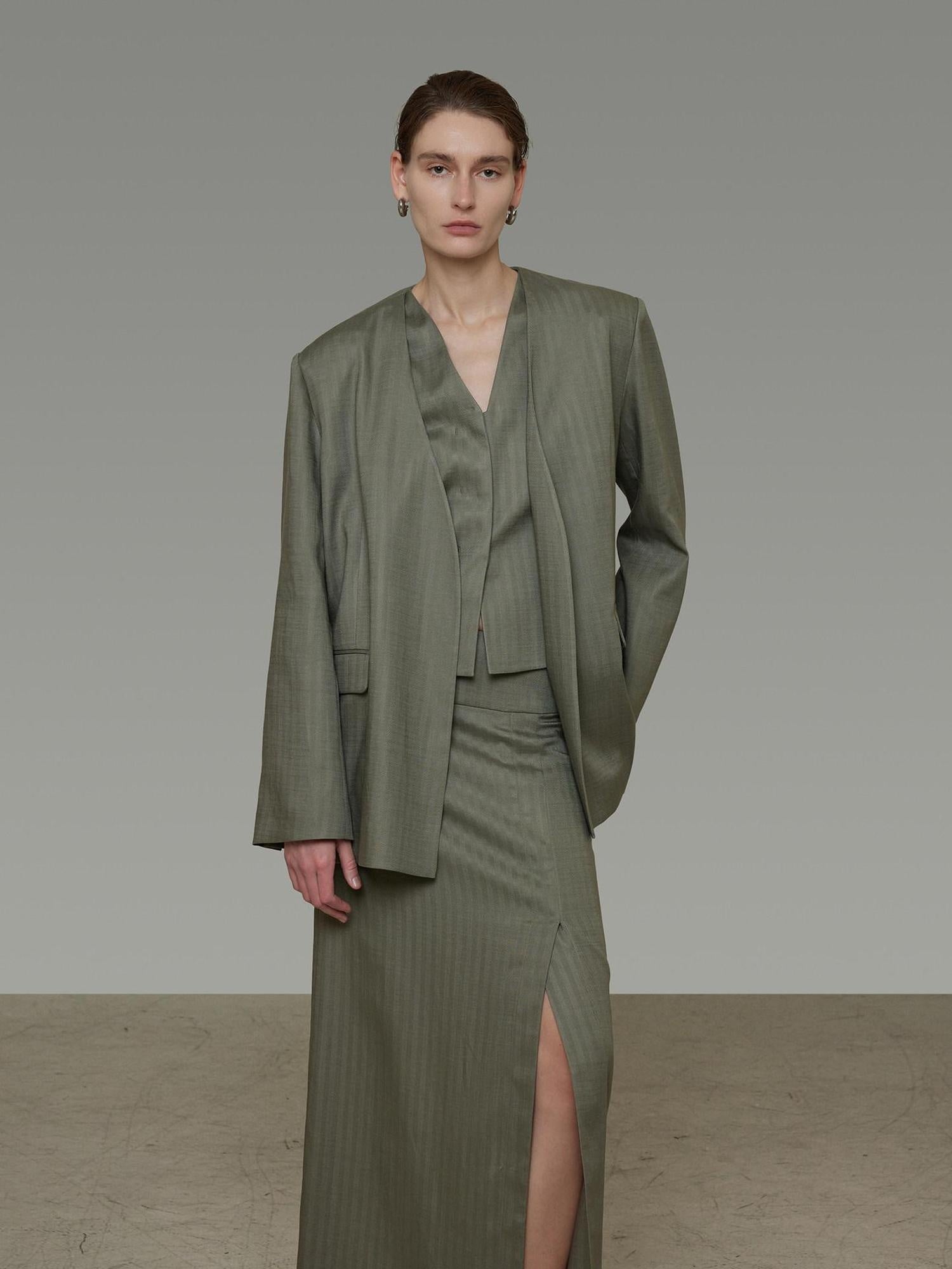unspoken Lightweight Stretch Office Vneck Blazer Striped High Waist Top & Skirt Sets