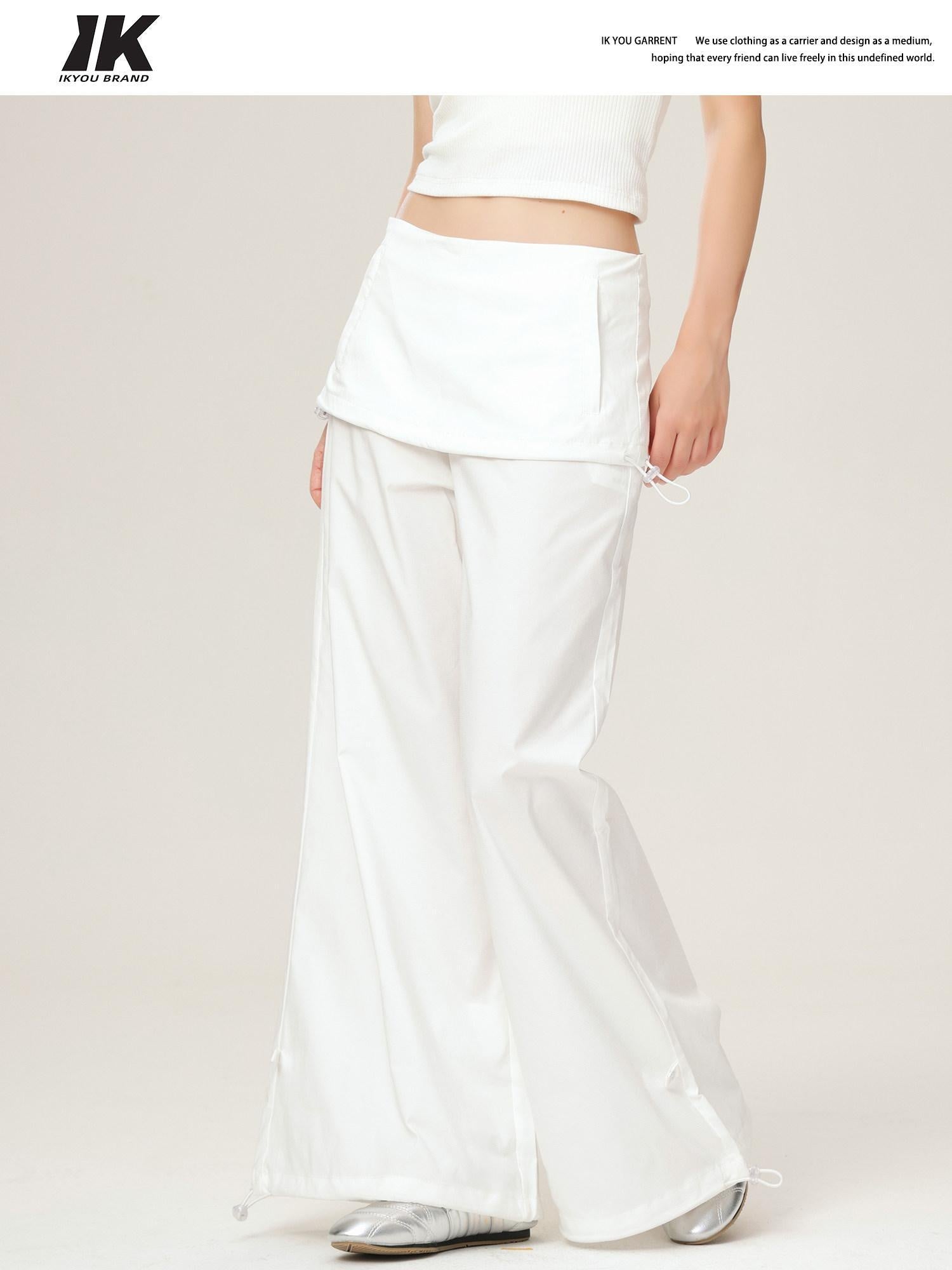 ikyou Wrinkle Free Minimalist Commuter Elastic Waist Natural Rise White Wide Leg Pants