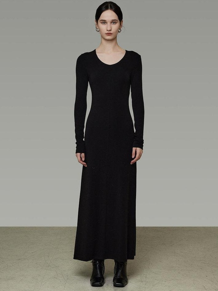 unspoken Breathable Minimalist High Waist Aline Knit Long Sleeve Women Black Maxi Dresses