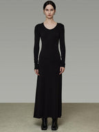 unspoken Breathable Minimalist High Waist Aline Knit Long Sleeve Women Black Maxi Dresses