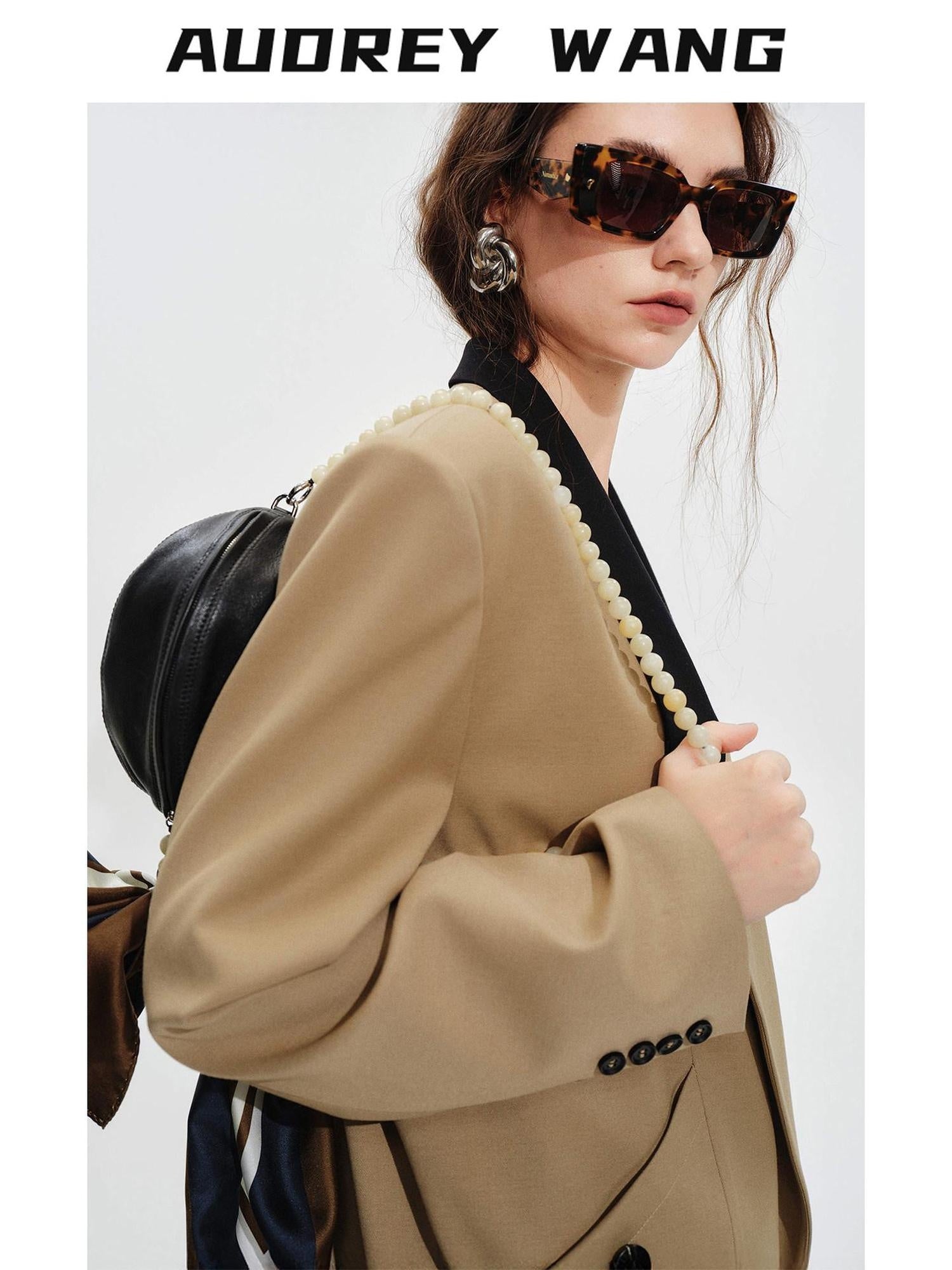 audreyyang Khaki Contrast Lapel Blazer Slit Loose Fit Long Sleeve Women Top & Skirt Sets