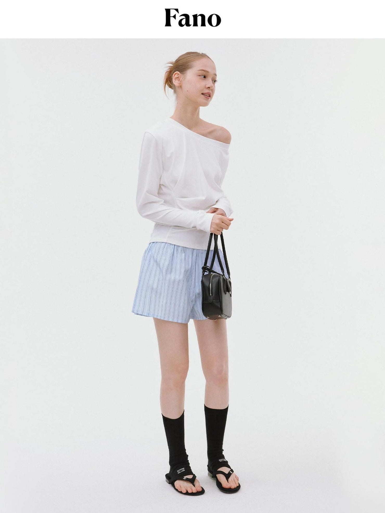 fano Elastic Waist Minimal Commuter Straight Cotton Blend Mist Blue Mid-Length Shorts