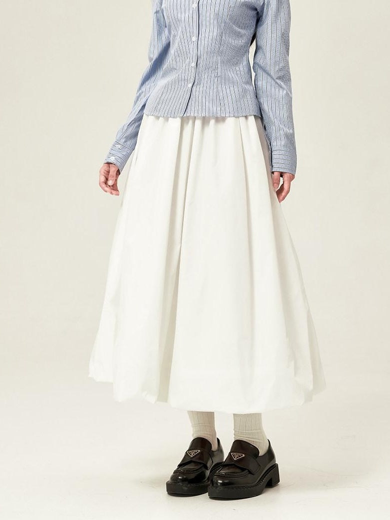 ikyou High Waist Gathered A Line Bubble Hem Office Solid White Midi Skirts