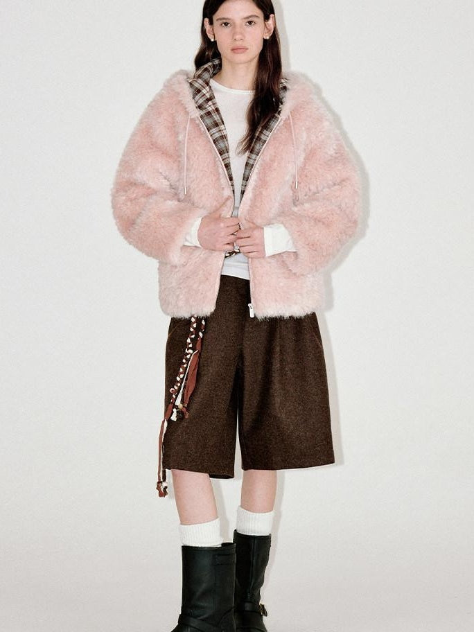 fano Cozy Lotus Pink Plaid Zip Closure Relaxed Loose Fit Womens Outerwear Long Coats