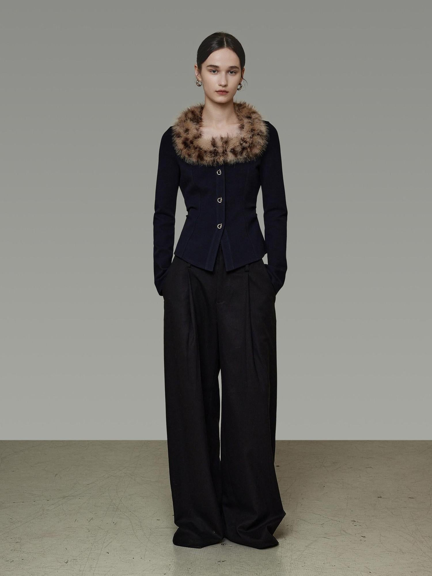 unspoken Warm Fur Collar Slim Cropped Workwear Women Cotton Leopard Navy Cardigans