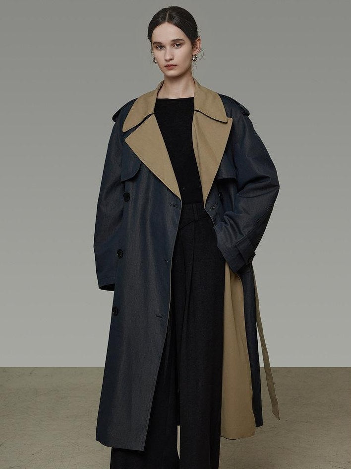 unspoken Navy Cotton Denim Double Breasted Loose Fit Commuter Women Trench Coats