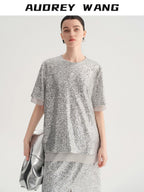 audreyyang Sparkling Sequin Casual Loose Fit Women Crew Neck Top & Skirt Sets