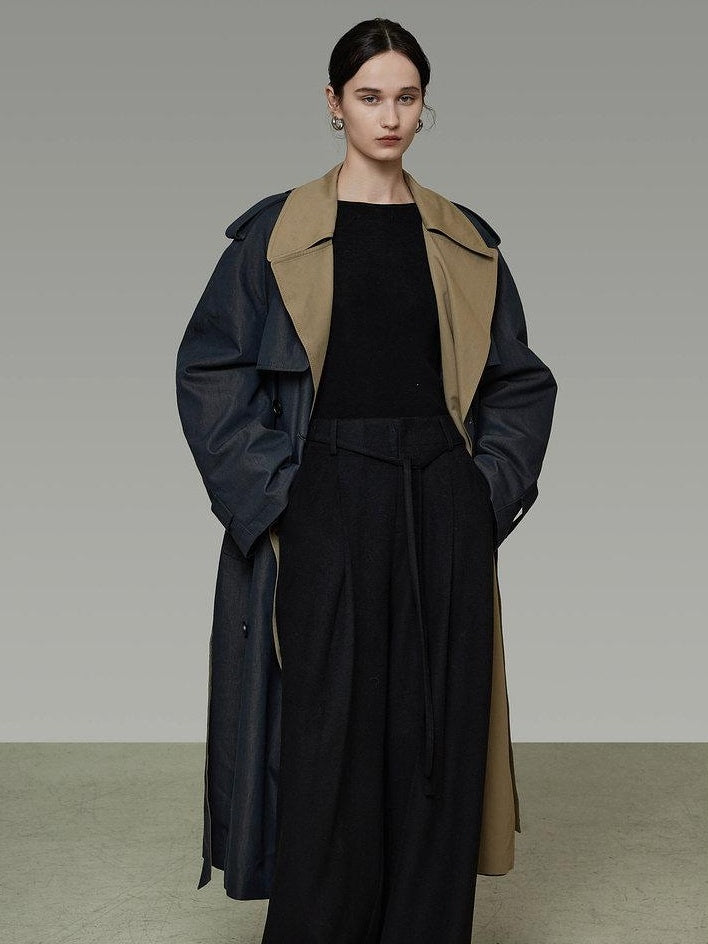 unspoken Navy Cotton Denim Double Breasted Loose Fit Commuter Women Trench Coats