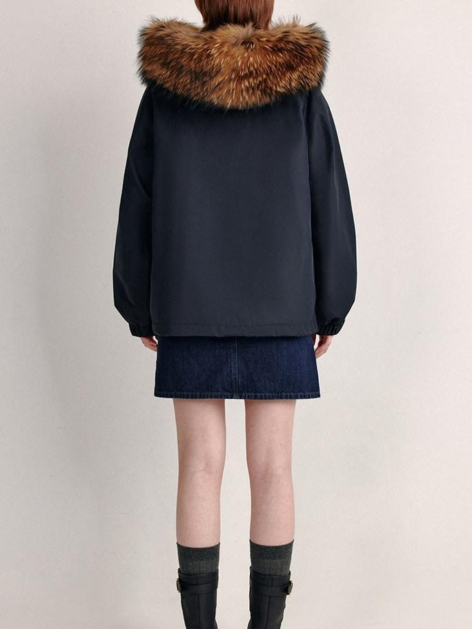 fano 90 Percent White Duck Down Detachable Hood Straight Short Navy Down Jackets