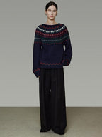 unspoken Warm Jacquard Colorblock Loose Commuter Crewneck Women Acrylic Blend Sweaters