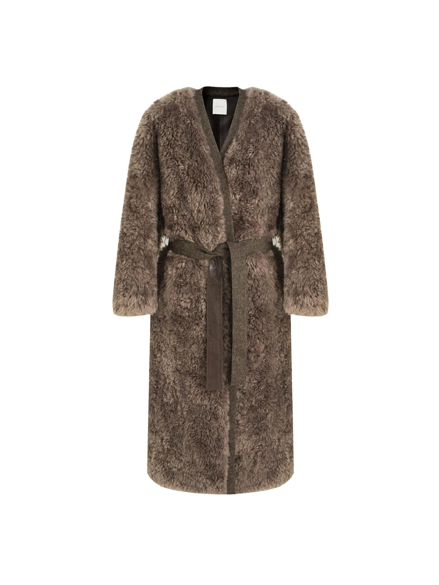 unspoken Warm Belted V-neck Loose Fit Commuter Women Brown Gray Long Coats