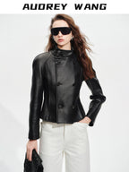 audreyyang Lambskin Vintage Loose Women Double Breasted Black Leather Jackets