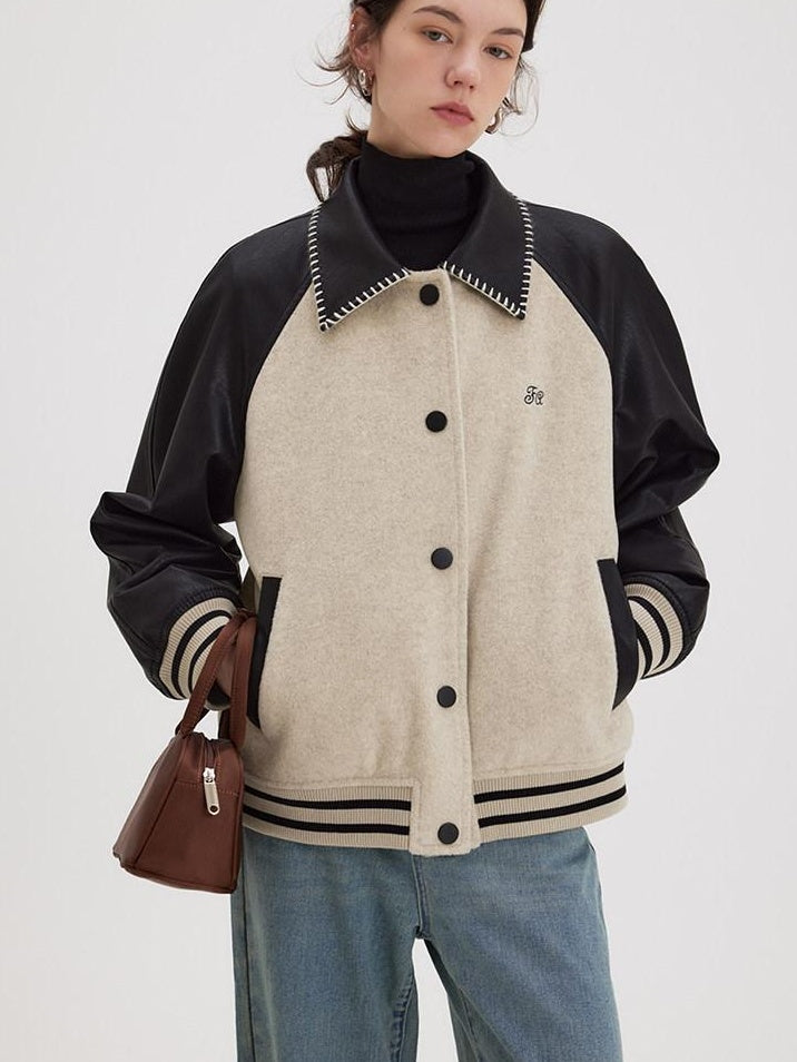 fano Shell Embroidered Commuter Loose Wool Raglan Women Colorblock Bomber Jackets