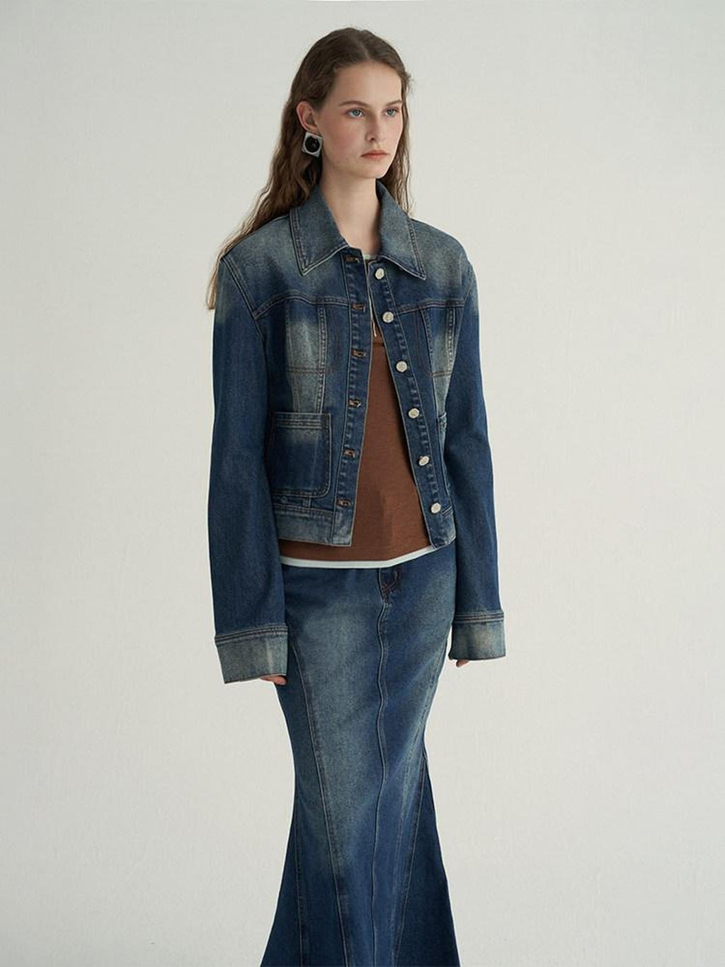 someone sometimes High Cotton Denim Blue Long Sleeve Collared Buttoned Women Top & Skirt Sets