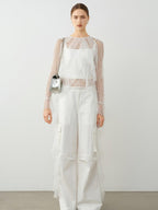 audreyyang Natural Waist Cotton Nylon Blend Loose Office Women White Straight Pants
