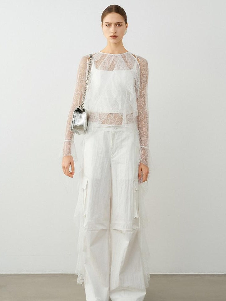 audreyyang Natural Waist Cotton Nylon Blend Loose Office Women White Straight Pants