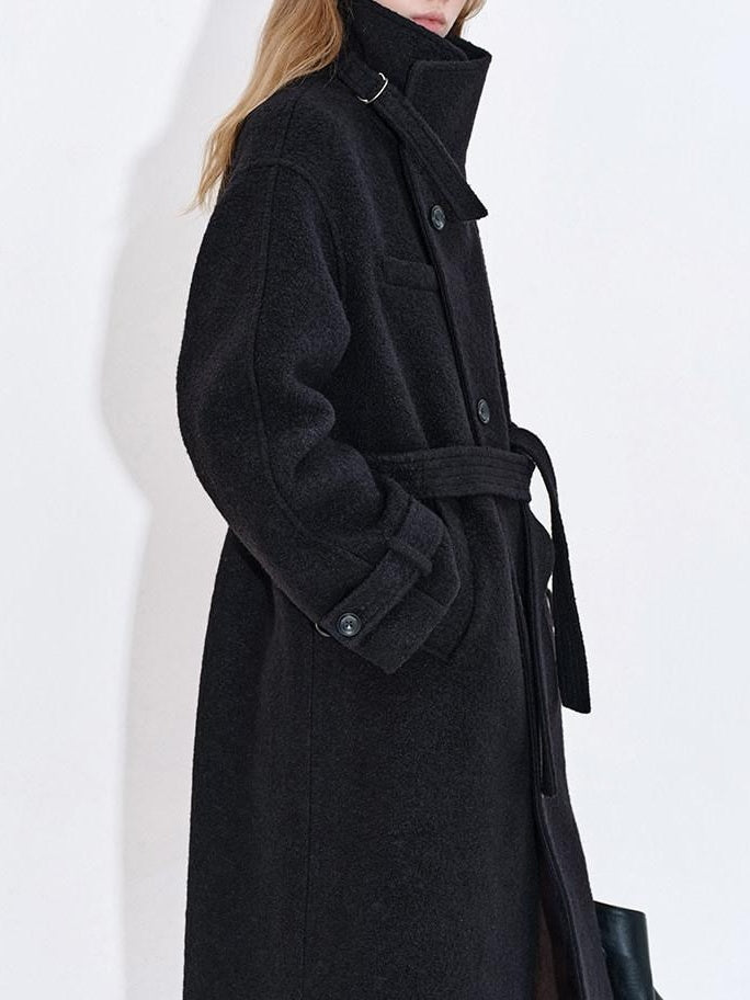 fano Premium Wool Blend Long Notch Collar Relaxed Black Korean Women Wool Coats