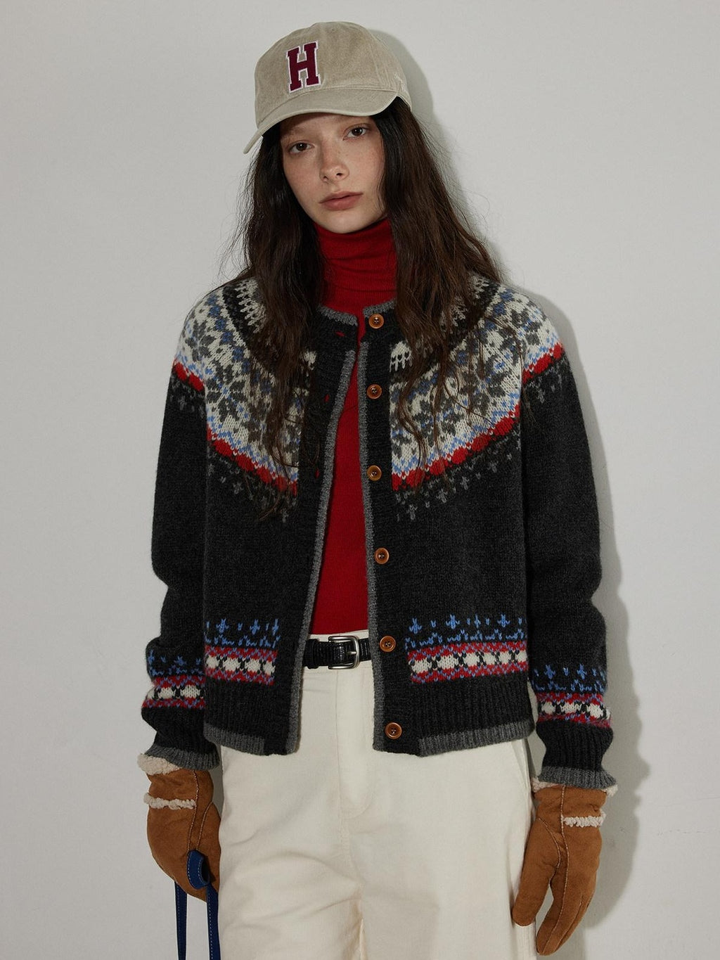 Lofi choose Lightweight Geometric Button Round Neck Loose Fit Office Women Knit Cardigans