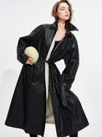 audreyyang Detachable Belt Pure Cotton Loose Long Single Breasted Women Black Trench Coats