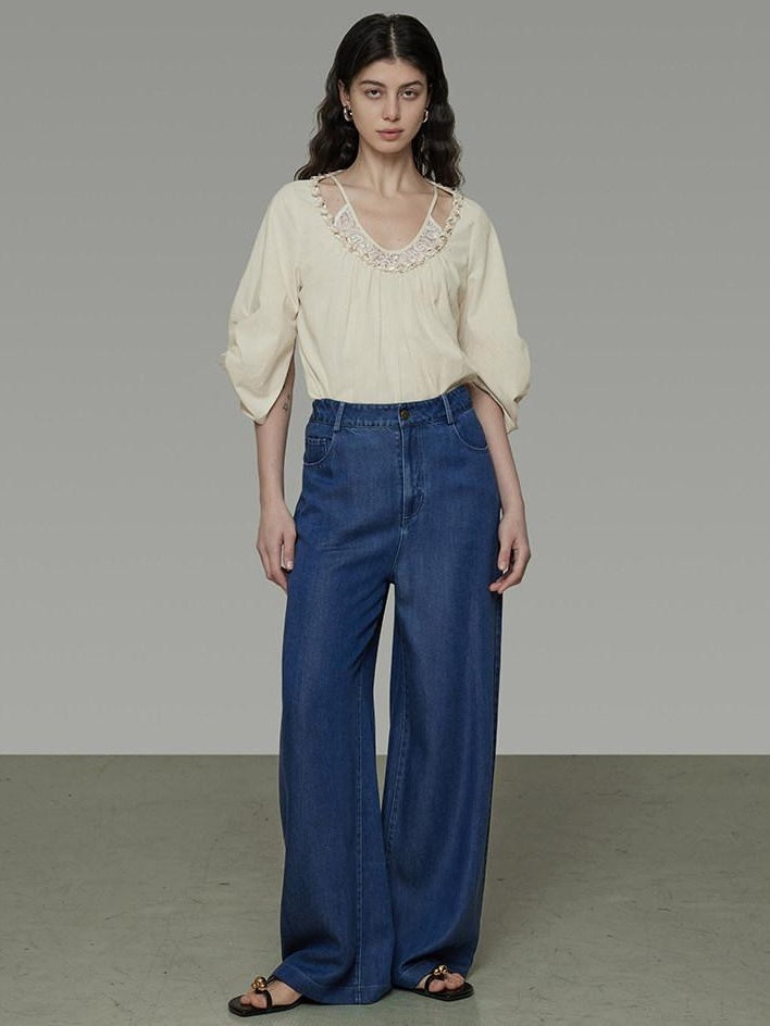 unspoken Durable 100% Cotton Original Relaxed Round Neck Women Beige Solid Blouses