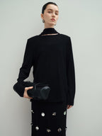 audreyyang Slim Minimal Office Crew Neck Long Sleeve Acetate Blend Black Cropped Jackets