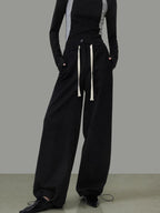 unspoken High Waist Drawstring Pockets Minimalist Workwear For Women Black Wide Leg Pants