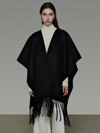 unspoken Pure Sheepswool Fringed Cape Commuter Women Structured Black Wool Coats