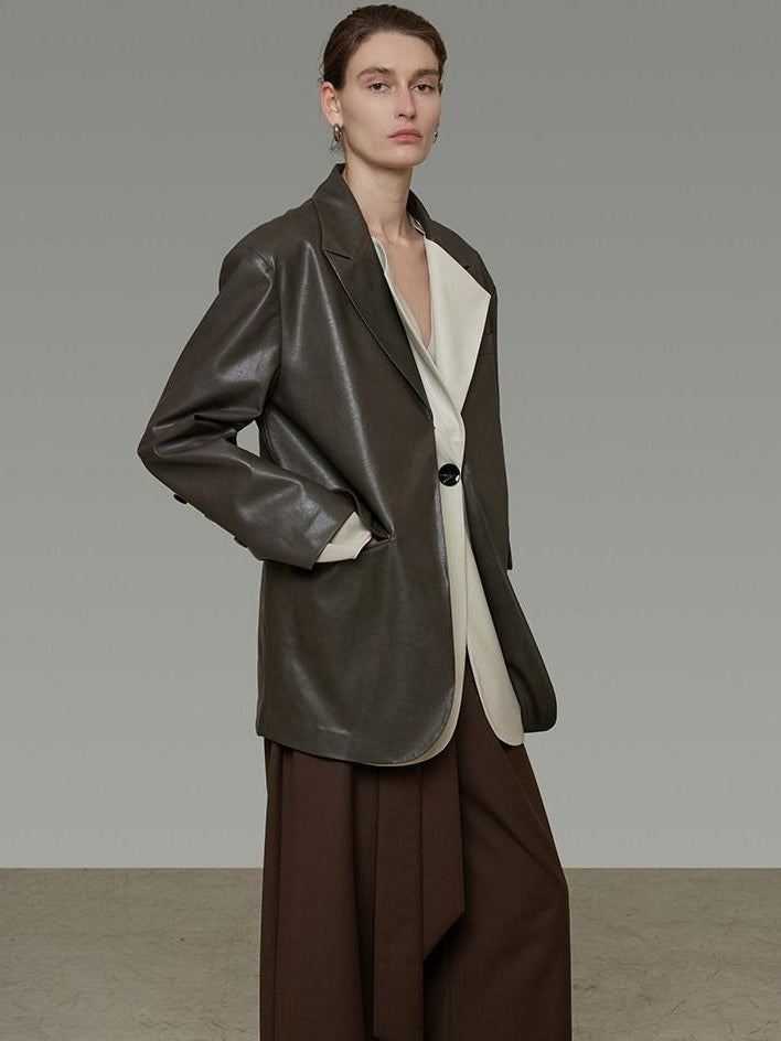 unspoken Soft Viscose Blazer Collar Relaxed Fit Commuter Women Brown Leather Jackets