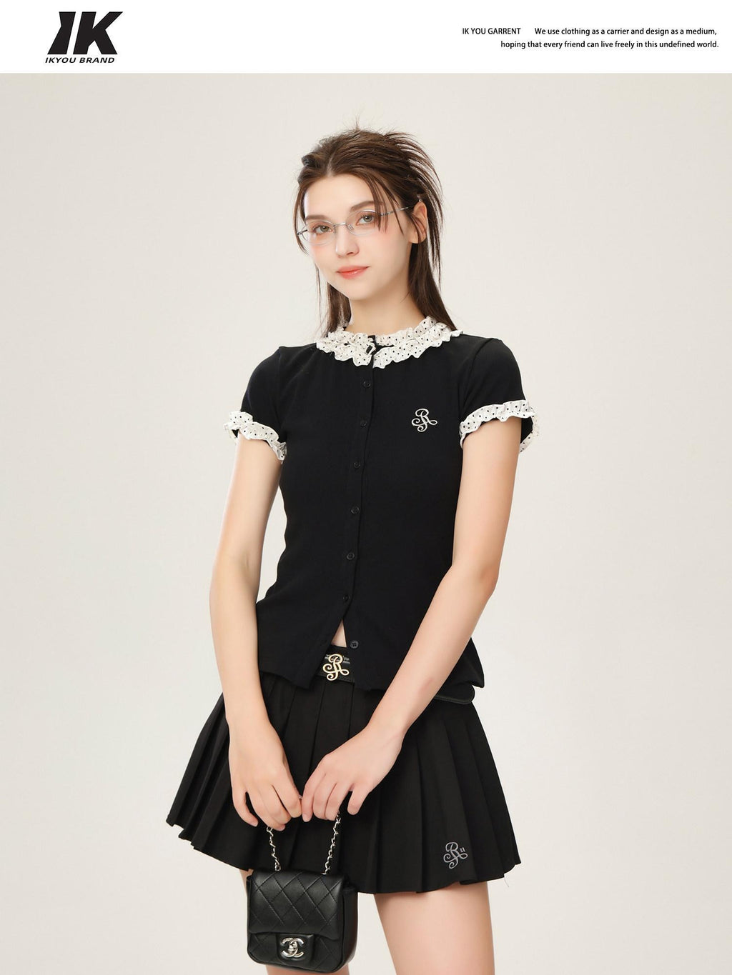 ikyou Cotton Stretch Slim Polka Dot Ruffle Women Short Sleeve Buttoned Knit Cardigans