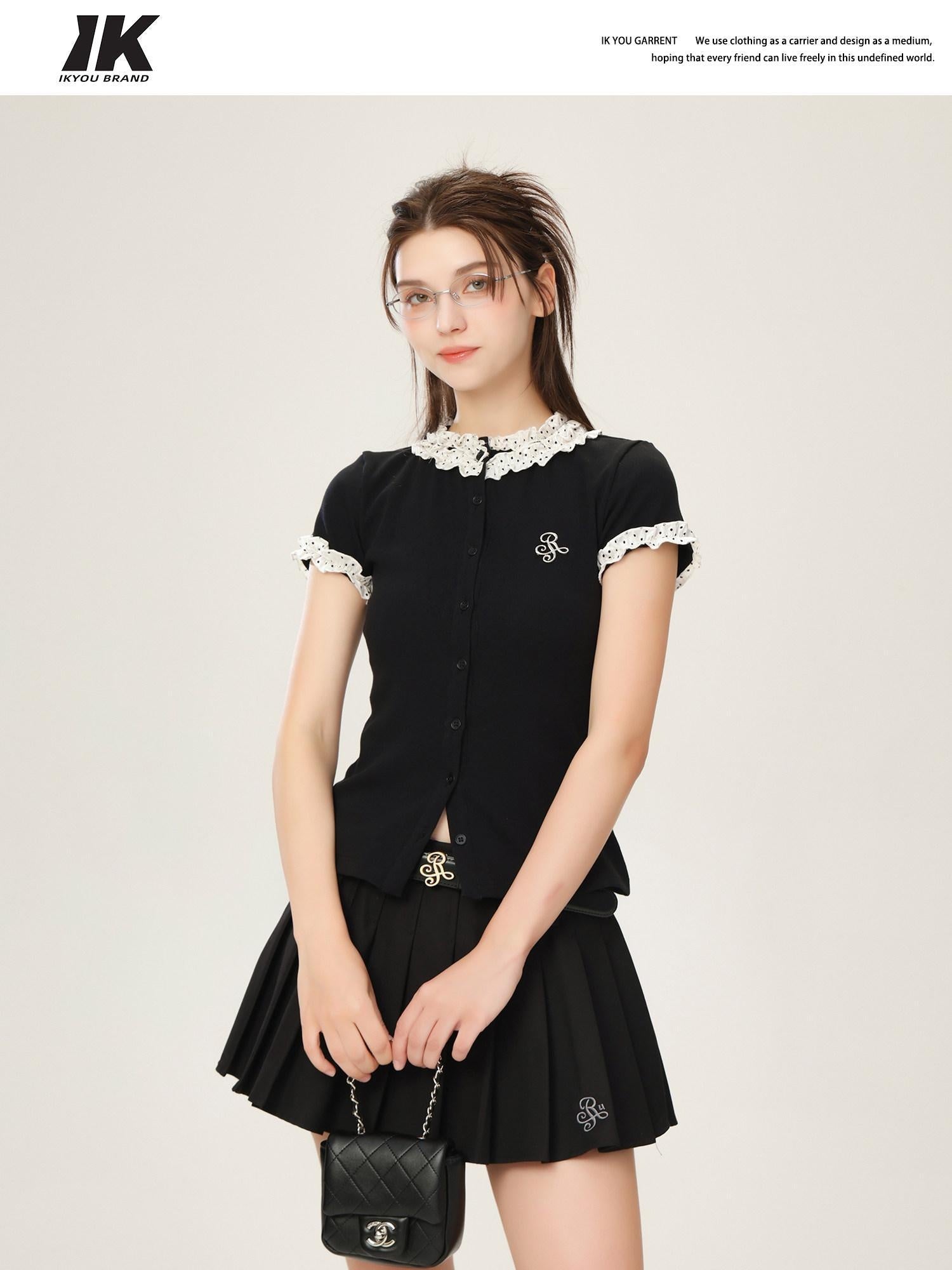 ikyou Cotton Stretch Slim Polka Dot Ruffle Women Short Sleeve Buttoned Knit Cardigans