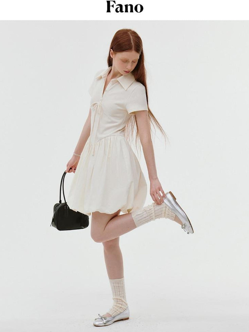 fano Stretch Short Sleeve Polo Cocoon Bubble Skirt Natural Waist Beige Midi Dresses
