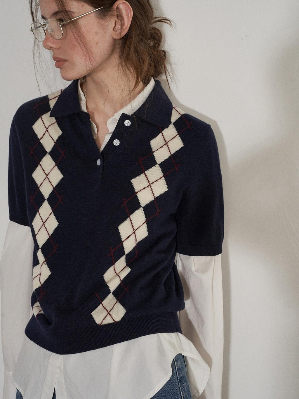 Lofi choose Cozy Argyle Polo Short Sleeve Loose Fit Vintage Knitwear Women Sweaters