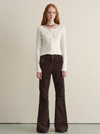 someonesometimes Hand Crochet Wool Floral Scallop Edge Casual Crewneck Button Women Cardigans