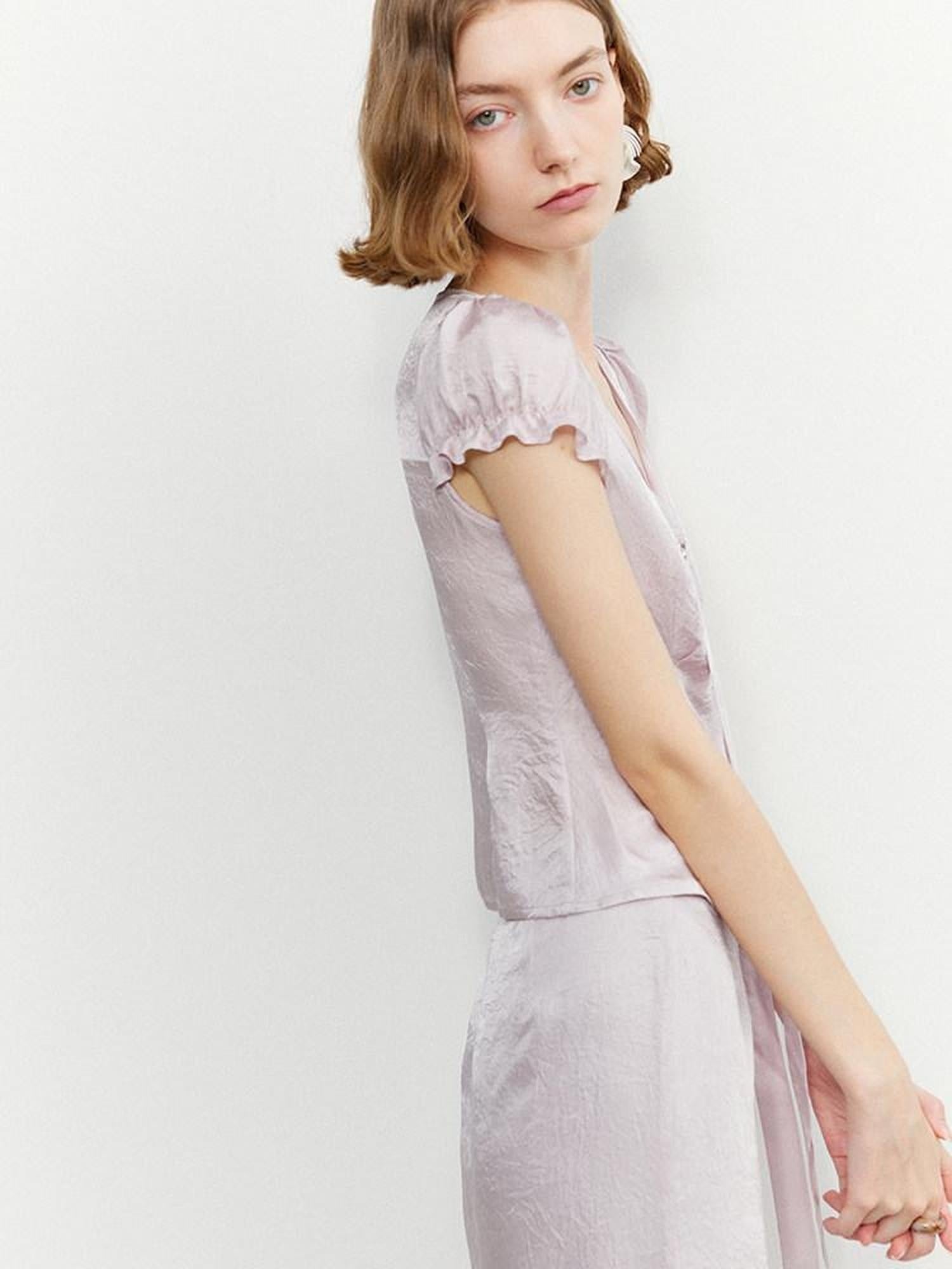 someone sometimes Tie Front V-neck Puff Sleeve Slim Casual Love Print Acetate Women Blouses