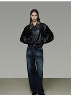 unspoken Commuter Loose Cropped Colorblock Patchwork Lapel Zipper Leather Jackets