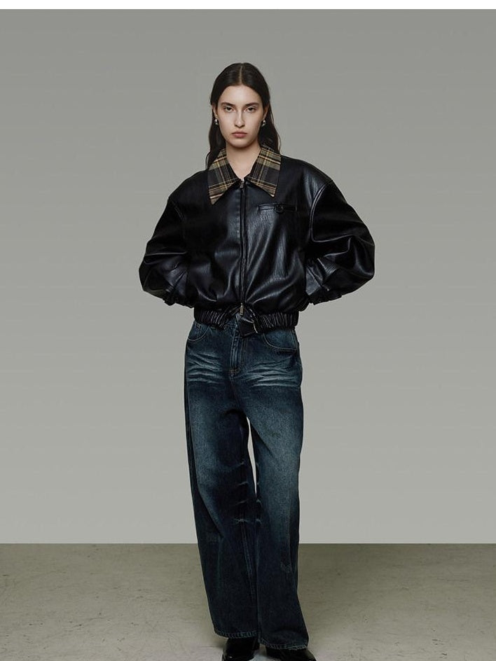 unspoken Commuter Loose Cropped Colorblock Patchwork Lapel Zipper Leather Jackets