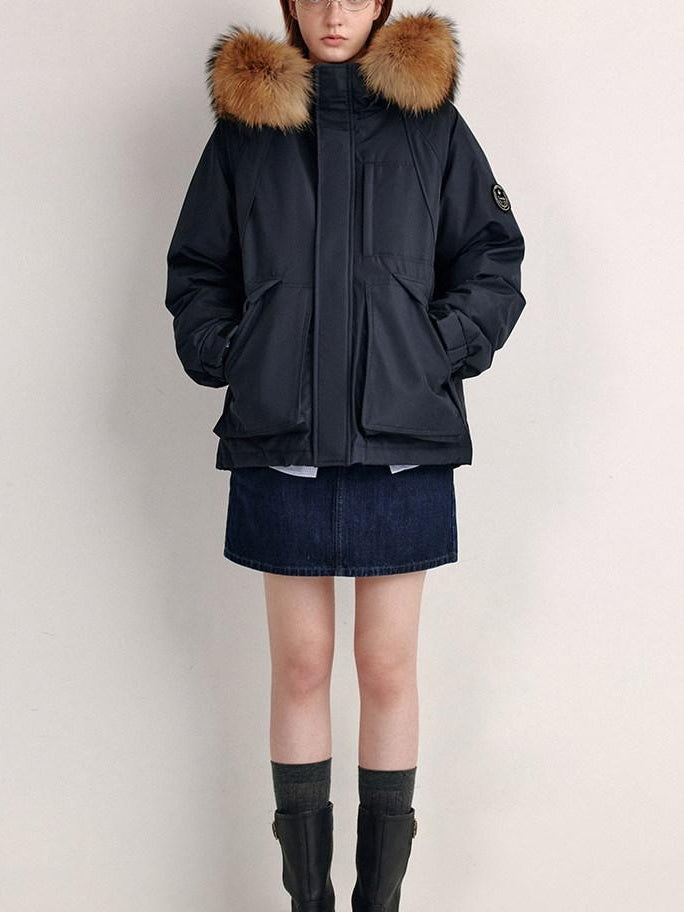 fano 90 Percent White Duck Down Detachable Hood Straight Short Navy Down Jackets
