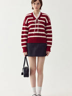 fano Ruffle Detail Loose Fit Commuter V-neck Long Sleeve Striped Women Sweaters